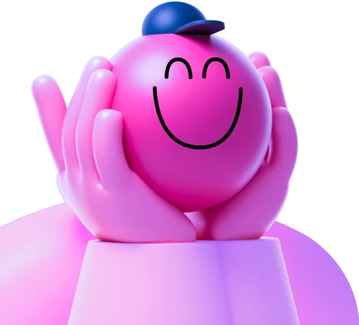 Pink 3D character resting its smiling face in its hands